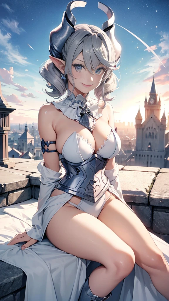  Outside castle top  High level image quality　best image quality　8K　 adult woman   silver castle outside  more colors   whole body view　portrait　 bikini   　horn    ears  　short hair（（shortcut）（gray hair）（perm）（fluffy））　eye color is blue ,  , 　attractive evil face , smile   ,  sexy pose   ,  labrynth ,  barearm    , wearing pink   , sitting , , view heels   , view below