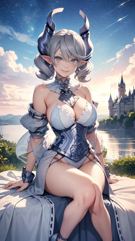  Outside castle top  High level image quality　best image quality　8K　 adult woman   silver castle outside  more colors   whole body view　portrait　 bikini   　horn    ears  　short hair（（shortcut）（gray hair）（perm）（fluffy））　eye color is blue ,  , 　attractive evil face , smile   ,  sexy pose   ,  labrynth ,  barearm    , wearing pink   , sitting , , view heels   , view below