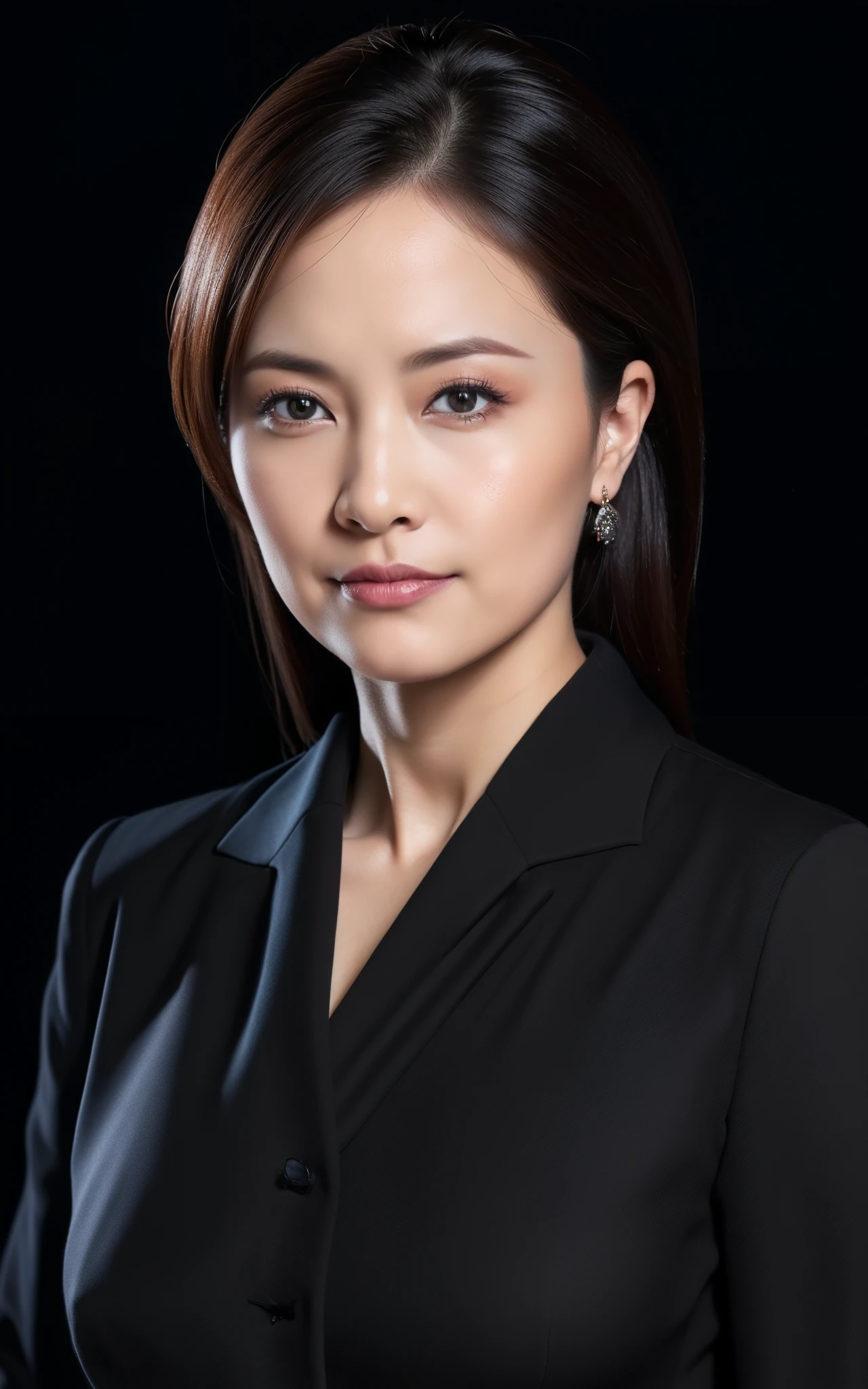 ((Top Quality, 8k, Masterpiece: 1.3, photorealistic)), (close up:1), Milf and attractive woman, business wear, serious, black background,