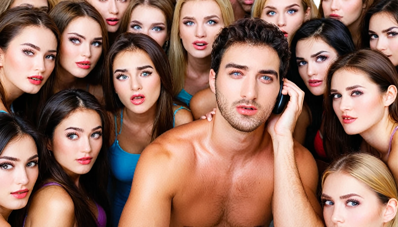 Photograph of embarrassed and embarrassed man among many sensual women trying to seduce him. High quality image, excellent definition and details in the eyes and eyes of the characters.