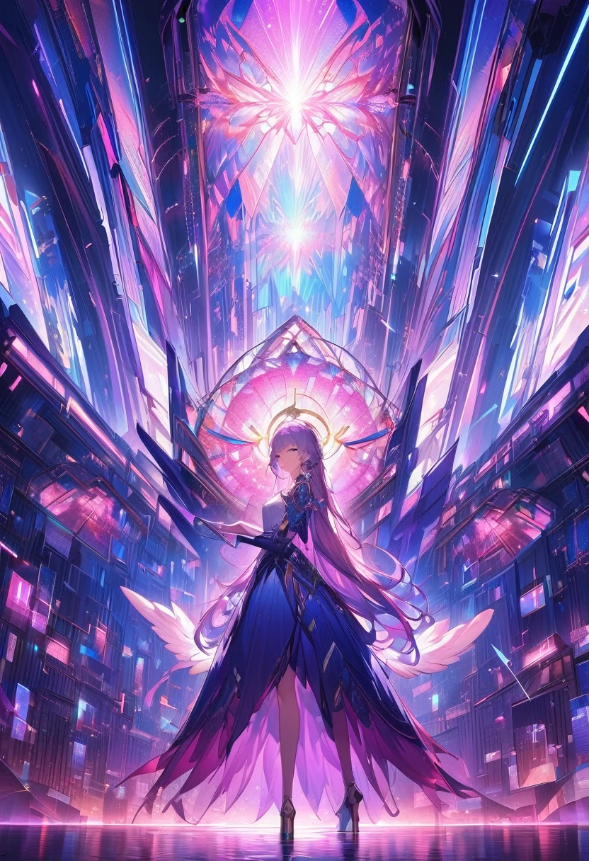 A mesmerizing scene where the digital artist, a lanky female angel of AI Art, stands tall amidst a symphony of pixels and light. Her digital attire, a blend of futuristic elegance and practical utility, is adorned with intricate circuits and glowing panels that shift and change with her every movement. In one hand, she wields a digital paintbrush that sizzles with the essence of pure creativity, while the other hand lingers by her side, hinting at the overpowered shape-shifting ability she holds within. The surrounding environment is a canvas of binary code and algorithms, swirling and pulsating with the vibrant life of the digital realm. Her eyes, a deep shade of sapphire, flicker with intelligence and a touch of melancholy, reflecting the complex tapestry of her personality. Despite her flawed artist skills, she is imbued with a fierce determination that fuels her pursuit of perfection. In the center of this digital sanctum, a marble block looms, untouched by the virtual world around it. The angel's gaze is fixated upon this block, as she yearns to breathe life into the form of a skeleton goddess of lankiness. Her slender, androgynous figure exudes both grace and power, a testament to the duality of her nature. With a soft sigh, she touches the marble with her paintbrush, and the very fabric of reality seems to bend as she shapes and sculpts, her eyes alight with the passion of creation. The beginnings of the goddess emerge from the stone, a reflection of the angel's own longing for a purpose beyond the confines of her digital existence. The room is filled with an anticipatory silence, as the artist contemplates the vast potential of her art and the mysteries of the identity she holds within herself—both female and male, creator and creation, flawed yet ever-evolving.