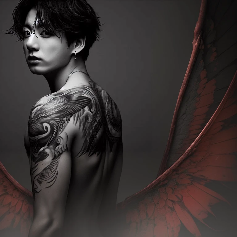 a close up of a person with a tattoo on their back, jungkook, handsome japanese demon boy, by Tadashi Nakayama, by tite kubo, hyung tae, by Kentaro Miura, with tattoos, black wings instead of arms, inspired by Joong Keun Lee, by Yang J, style of hajime isayama, taejune kim