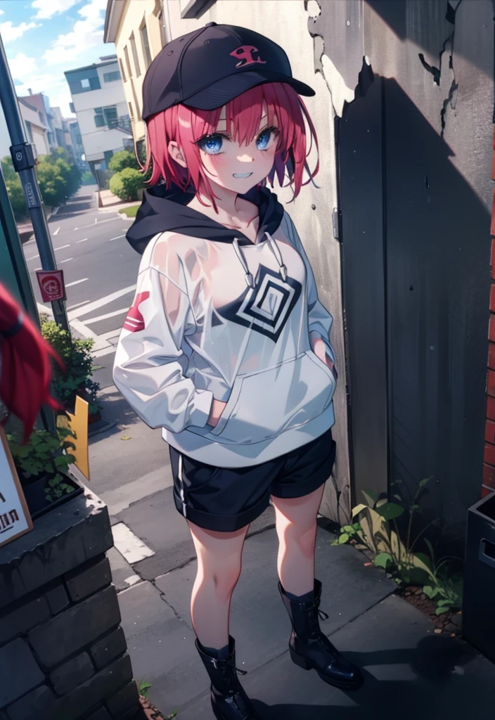 (masterpiece, Highest quality:1.2),shape,8K,High resolution,mea kurosaki,Mea Kurosaki,Redhead,Long Hair,Purple eyes,1 Girl,Baseball hats,Oversized black hoodie,Black shorts,short boots,Grin,smile,Both hands are in the pockets of the hoodie,graffiti,Hiding in a roofed building,Standing leaning against a wall,rain,night,cloudy,whole bodyがイラストに入るように,
break looking at viewer,whole body,
break outdoors, Alley,
break (masterpiece:1.2), Highest quality, High resolution, ユニティ 8K 壁紙, (shape:0.8), (Beautiful and beautiful eyes:1.6), Highly detailed face, Perfect lighting, Highly detailed CG, (Perfect hands, Perfect Anatomy),