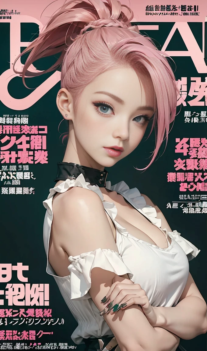 best quality, works of masters, high resolution, 1 woman, What a beautiful face, really beautiful eyes, very beautiful pink mohawk hair,(magazine cover:1.2),Trendy Harajuku style rock outfit,bare one's shoulders, highlighted super huge super huge , showing