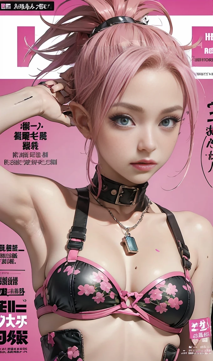 best quality, works of masters, high resolution, 1 woman, What a beautiful face, really beautiful eyes, very beautiful pink mohawk hair，(magazine cover:1.2)，Trendy Harajuku style rock outfit，bare one&#39;s shoulders, highlighted super huge super huge , showing cleavage 