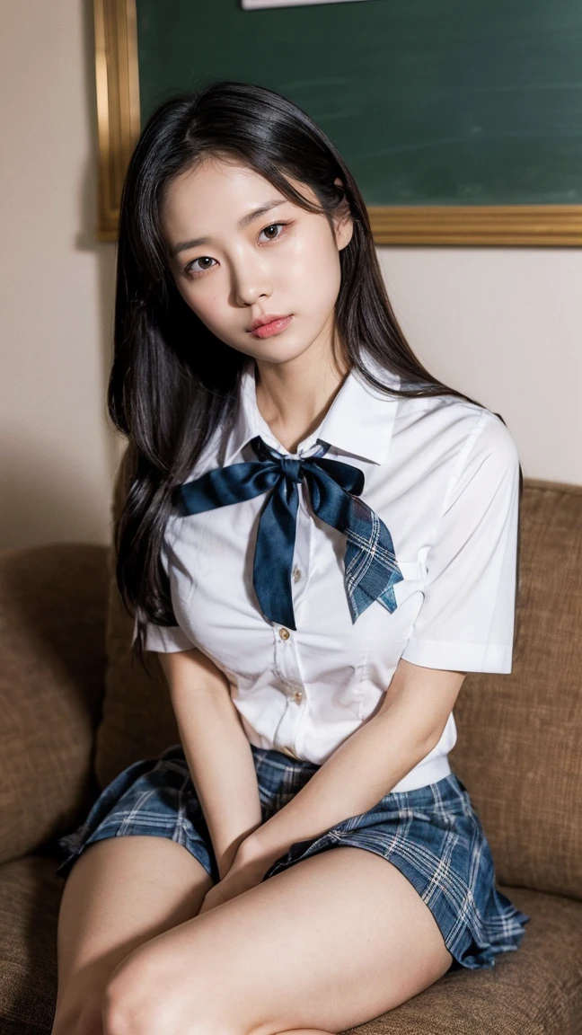 alone、Natural body shape、White skin、Natural Makeup、Black Hair、bangs、Straight Long Hair、、(expensive 、Beige long sleeve cardigan、White blouse、Blue plaid pleated skirt)、、(Big Breasts:1.3)、((The upper body is wearing a uniform))、(((((Looking into the camera)))))、(((Portrait from head to knee)))、(((Exposing thighs)))、Bedroom、On the bed、Sitting、((Focus on the crotch))