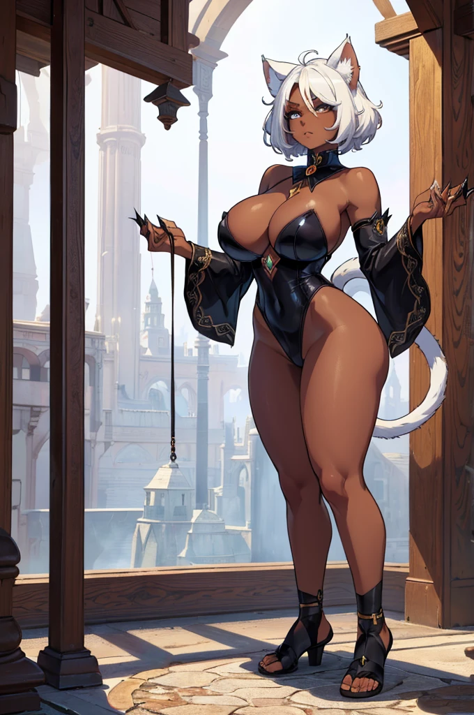 (masterpiece, best quality, high resolution, ((full body, standing,)), (()) a fantasy cat, very short white hair, with cat ears, cat tail, hands and feet with claws, fantasy clothing, white, ((dark skin)), full body