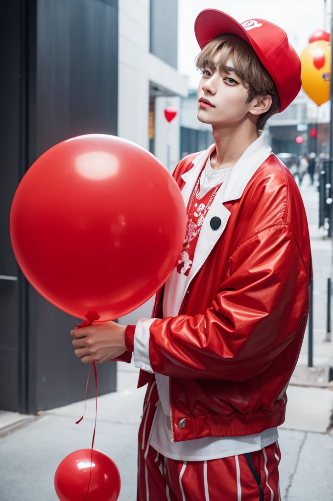 Taehyung with a red balloon in his hands and clown clothes