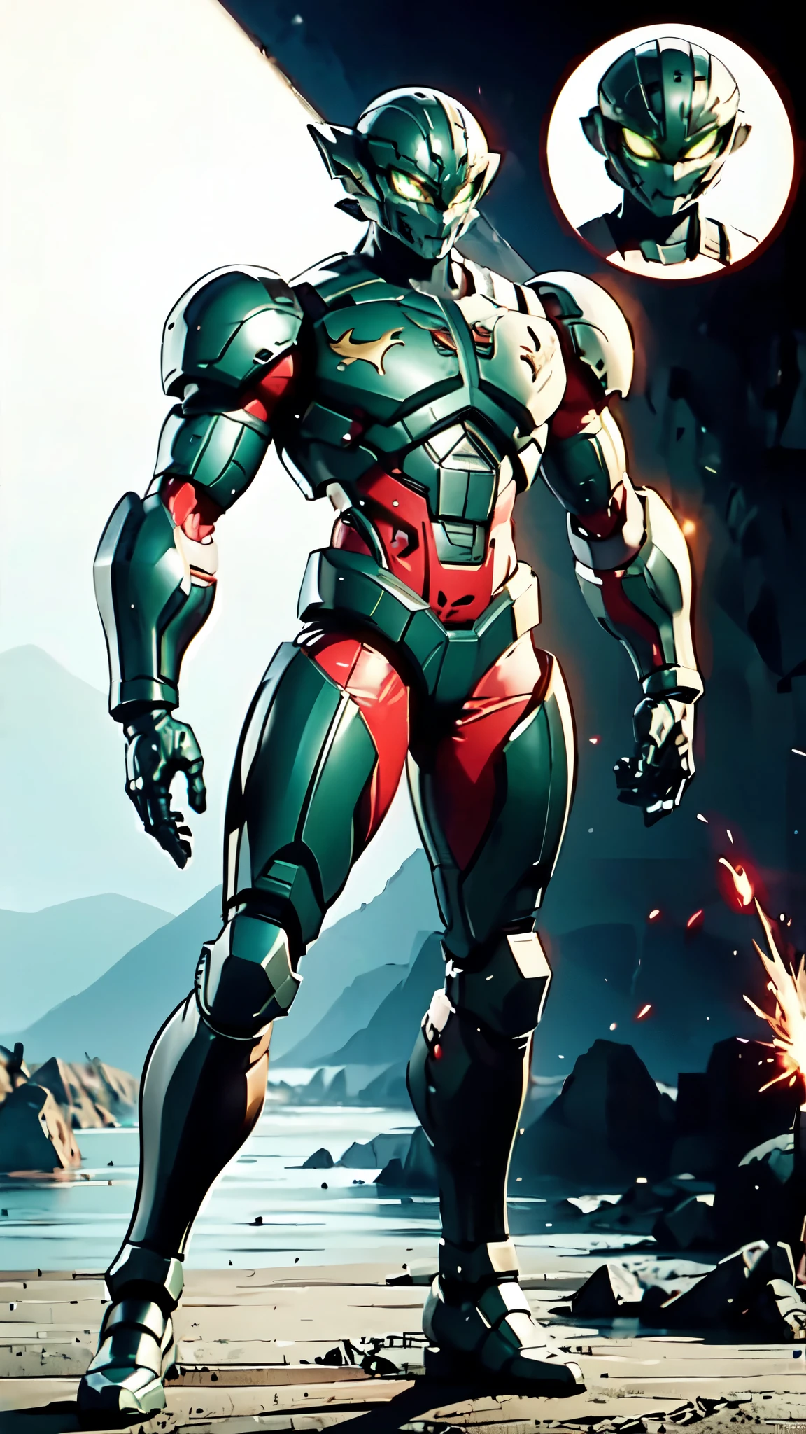 A man wearing a full-face helmet, a fantasy-style biotech armored combat suit, green eyes, (a composite layered chest armor), fully enclosed shoulder guards, matching arm and leg guards, the belt is adorned with dragon claw grasping orbs, (the color scheme is primarily black with red accents), the design balances heavy with agility, a high-tech bio-mecha armor, (Armor Concept Inspired by Dragons, stand on the top of a skyscraper in a futuristic sci-fi city), this character embodies a finely crafted fantasy-surreal style armored hero in anime style, exquisite and mature manga art style, (element, plasma, energy, the armor glows), ((male:1.5)), metallic, real texture material, dramatic, high definition, best quality, highres, ultra-detailed, ultra-fine painting, extremely delicate, professional, perfect body proportions, golden ratio, anatomically correct, symmetrical face, extremely detailed eyes and face, high quality eyes, creativity, RAW photo, UHD, 32k, Natural light, cinematic lighting, masterpiece-anatomy-perfect, masterpiece:1.5