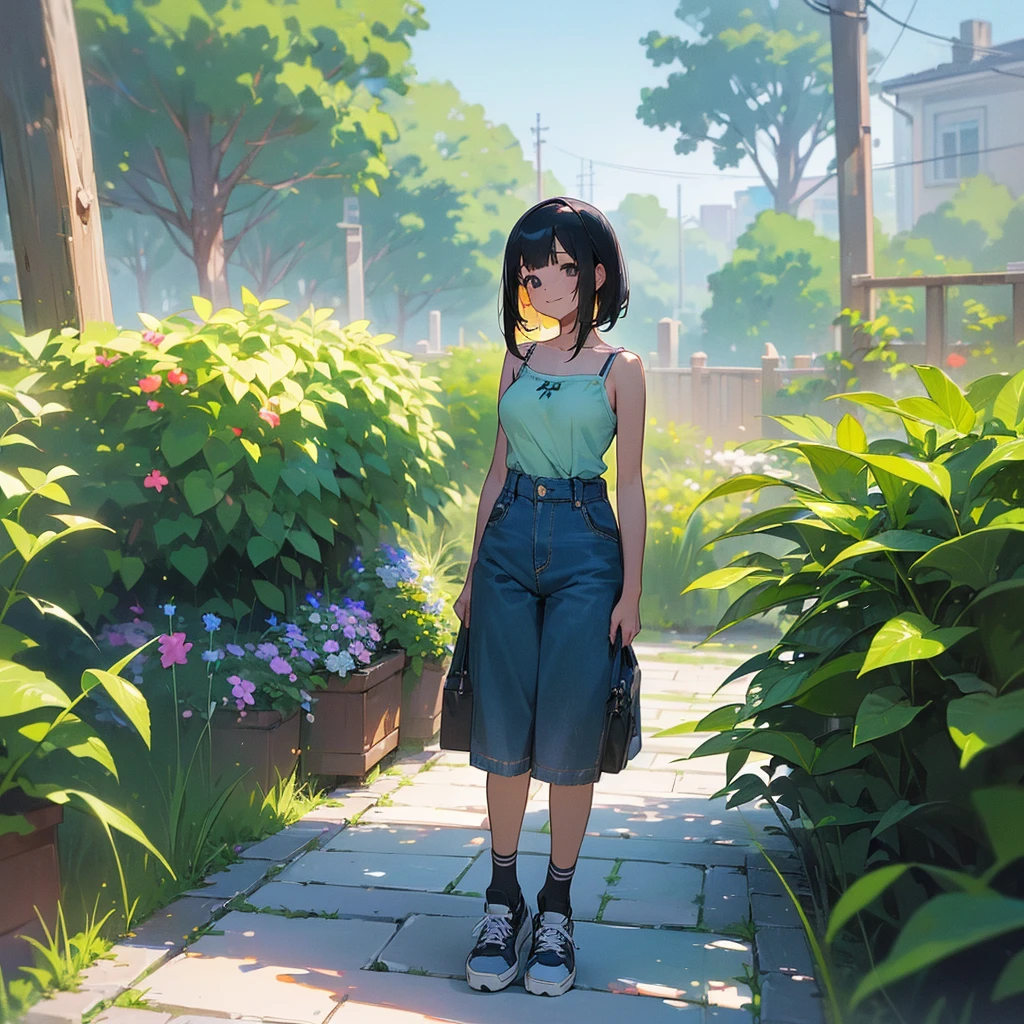 (high quality, High resolution, Very detailed, reality:1.37), Peaceful atmosphere, (Outdoor, garden), Teenage girl standing alone, (my breasts are big.), Beautiful details, Cute Smile, (Black bob hair), camisole, Denim shorts, Blue socks, sneakers.