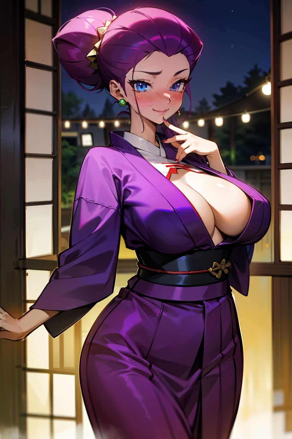 (Masterpiece), Best Quality, ultra-detailed, 1girl (jessie pokemon, Big and pretty ,  purple hair, all back, hair bun,blue eyes), wicked  smile,facing viewer, looking at viewer,nose  blush, blush, solo, kimono,  japanese clothes, bows, in the livingroom, night time, standing,  waist teasing 