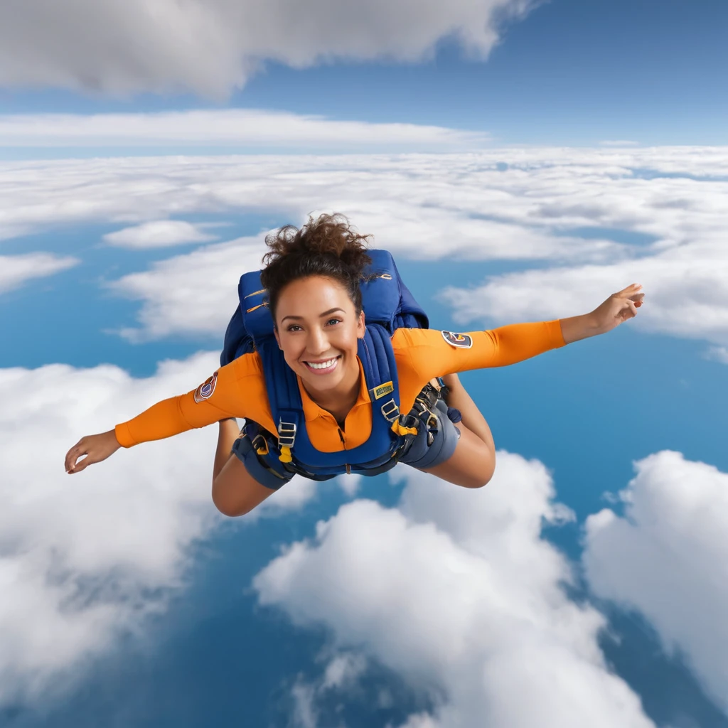 30 years old, tanned, floating horizontally above the clouds and smiling while parachuting, with natural skin texture, realistic skin texture, a small cloud cover in the background, full body.

studio photography, shot on dslr, highly detailed, CGI award-winning, rendered in Unreal Engine 5, film quality, 64k