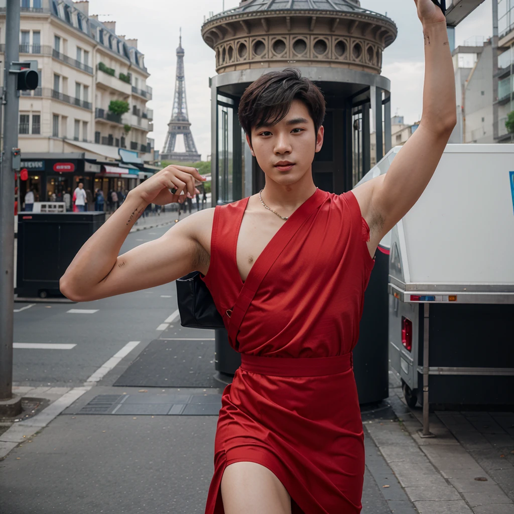 Young Korean man dancing in front of the Paris tower , kpop idol type red dress 