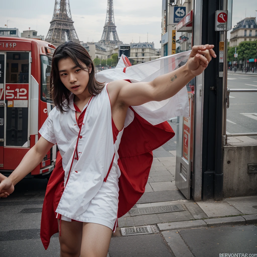Young Korean man dancing in front of the Paris tower , kpop idol type red dress