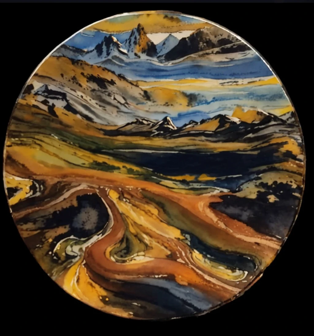 Changes in the terrain of mountains and rivers,blue sky clouds,Colorful and distinct blend,Clear changes in light and shadow,Silky smooth and delicate watercolor painting