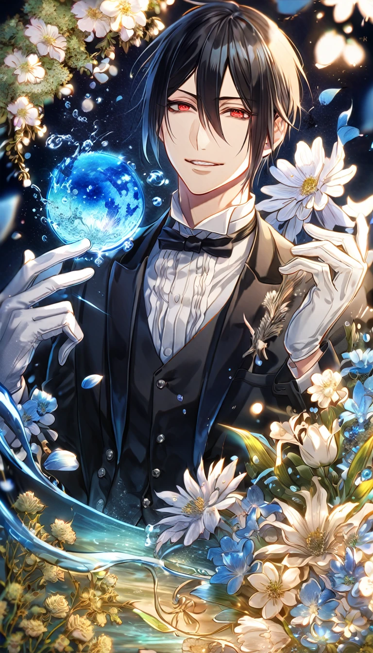 absurdres, highres, ultra detailed, HDR, master piece, Sebastian Michaelis, black hair, expressive red eyes, white gloves, black shirt, Kuroshitsuji, man, handsome, best quality, blue moon, flowers, fantasy, magical, solo, water, blue shining fireflies, blue petals, black Butler clothes, handsome smile,