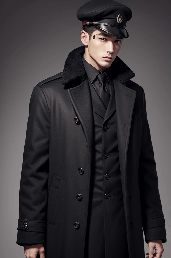 Man in military beret and black overcoat 