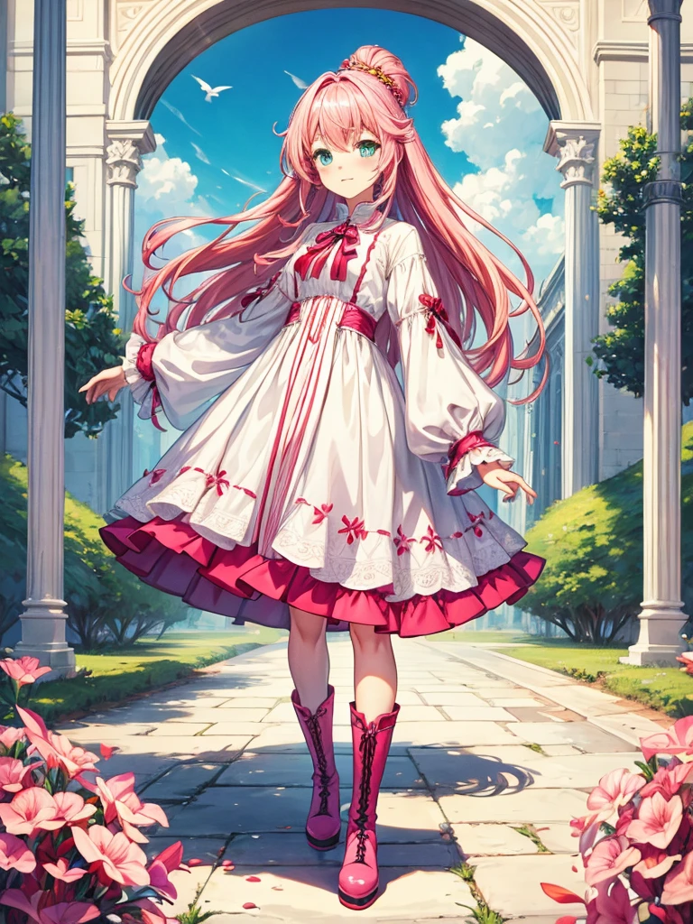 fantasy world girl with colorful hair, accessories, detailed clothes, pink hair, white and red clothes, black boot