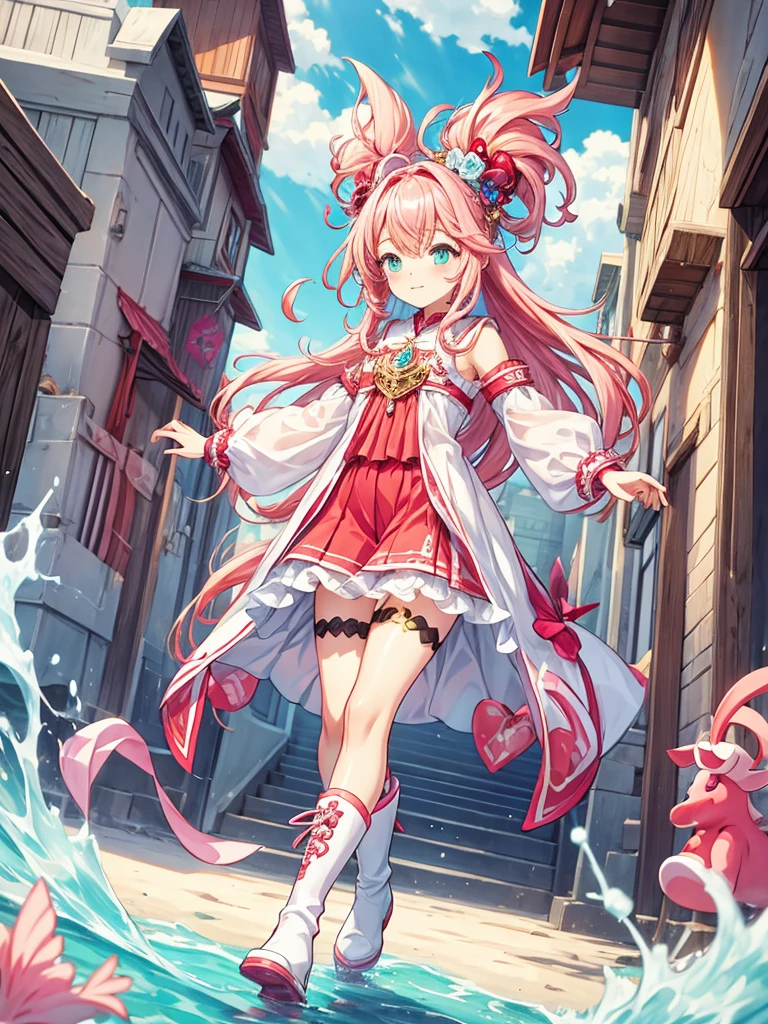 fantasy world girl with colorful hair, accessories, detailed clothes, pink hair, white and red clothes, black boot