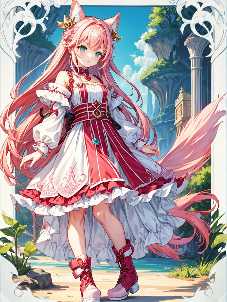 fantasy world girl with colorful hair, accessories, detailed clothes, pink hair, white and red clothes, black boot