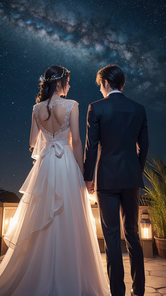 Majestic starry sky Male and female back view An illustration