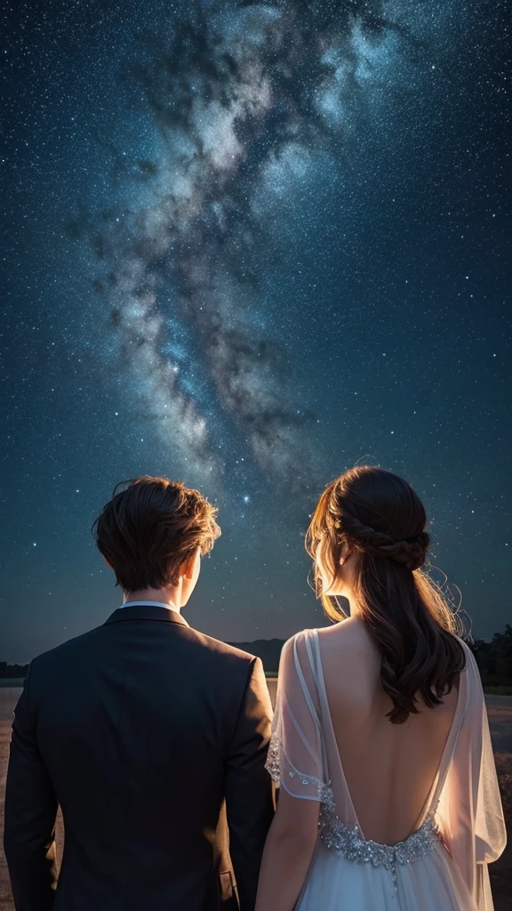 Majestic starry sky Male and female back view An illustration