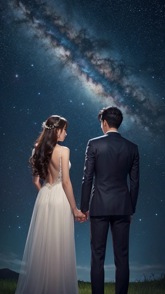 Majestic starry sky Male and female back view An illustration