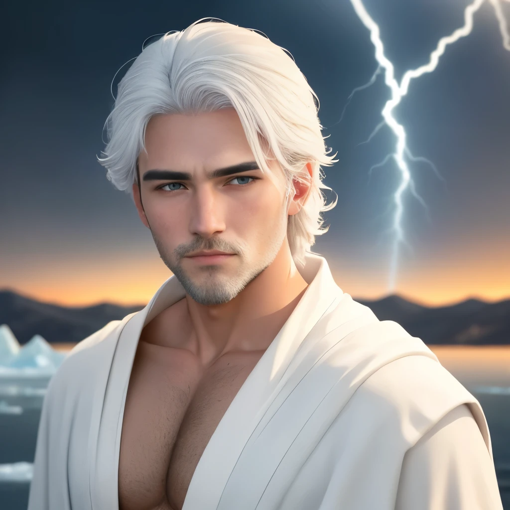 His eyes were a bluish-white color that was not at all icy., almost like lightning.. His hair and beard were white and shiny, your skin looked like older skin, but healthy and healthy. If wisdom were a person, he was. He looked older, but younger at the same time. The way he looked at you was so penetrating. He could see right through you. He had very pronounced cheekbones and a strong Roman nose... chiseled features. He was wearing a white and silver robe.