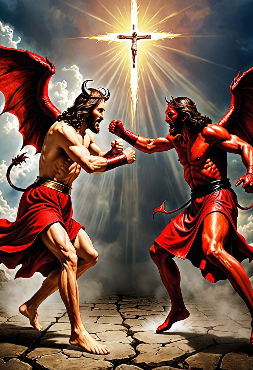Fighting of Jesus vs devil realistic 