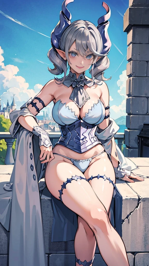 Outside castle top High level image quality best image quality 8K adult woman silver castle outside more colors whole body view portrait bikini horn ears short hair((shortcut)(gray hair)(perm)(fluffy)) eye color is blue , , attractive evil face , smile , sexy pose , labrynth , barearm , wearing pink , sitting , , view heels , view below