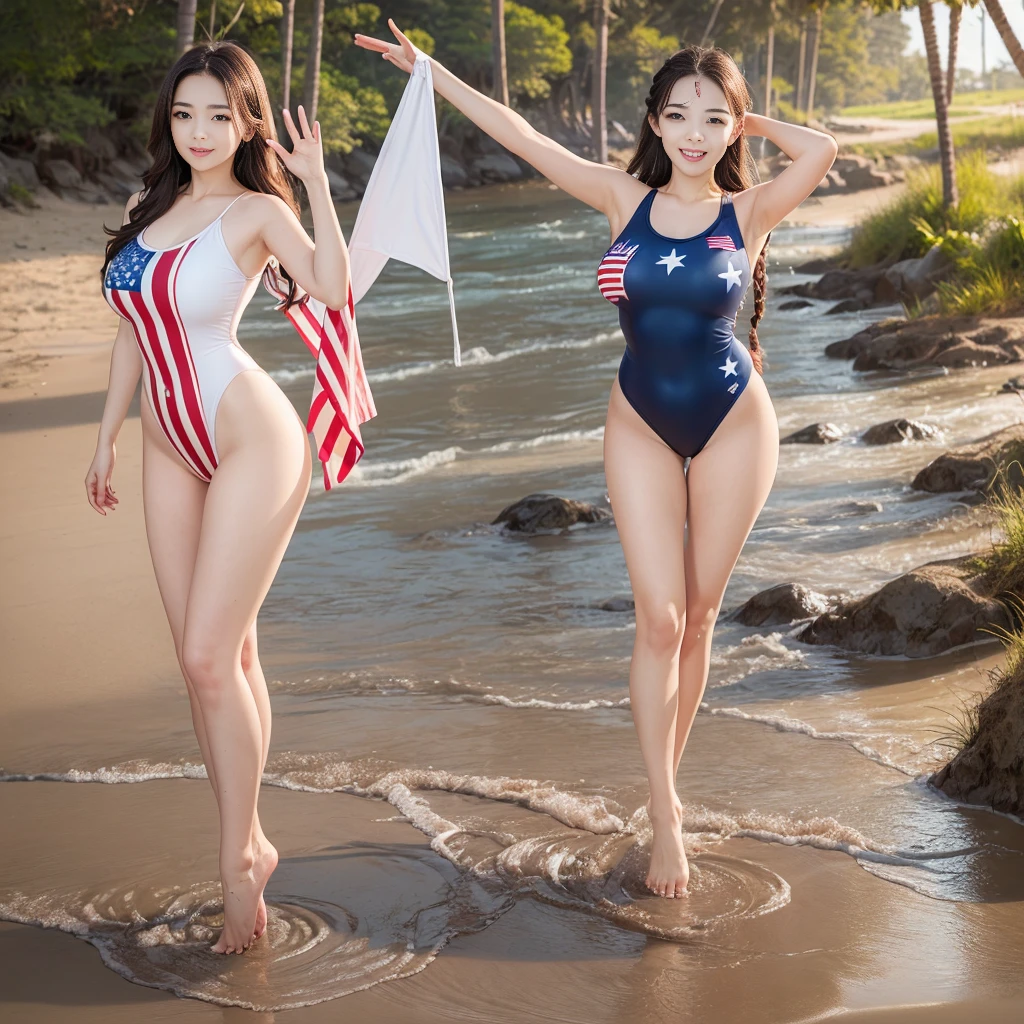 (((barefoot young slender beautiful  Japanese girls on mud beach))), natural front lighting, ultra sharp focus,braided black twin-tail hair, (((light pale white skin color))),blue large eyes with long eyelashes and double eyelids, dynamic angle,red lip,smile, 3girls, ((waving arms)), ((huge breasts)), (full body shot:2), (((wearing USA-flag-printed high-leg  swimsuit))), (beautiful face:2),(((beautiful)))