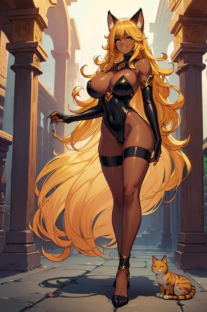 (masterpiece, best quality, high resolution, ((full body, standing)), ((big breasts)) a fantasy cat, very long golden hair, with cat ears, golden cat tail, hands and feet with claws, fantasy clothing, black, ((dark skin)), full body, smile
