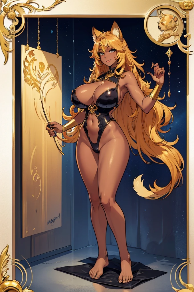 (masterpiece, best quality, high resolution, ((full body, standing)), ((big breasts)) a fantasy cat, very long golden hair, with cat ears, golden cat tail, hands and feet with claws, fantasy clothing, black, ((dark skin)), full body, smile