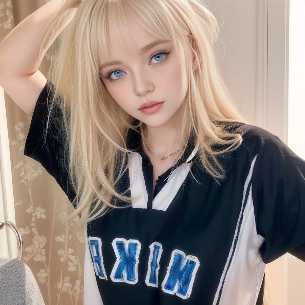 Blonde woman with blue eyes and a black and white shirt posing for a photo., portrait of kim petras, rena noun style 3/4, lalisa manobal, A girl with blonde hair, pale and light skin!!, with bangs, nina masic, blonde hair and blue eyes, blonde hair blue eyes, shikami