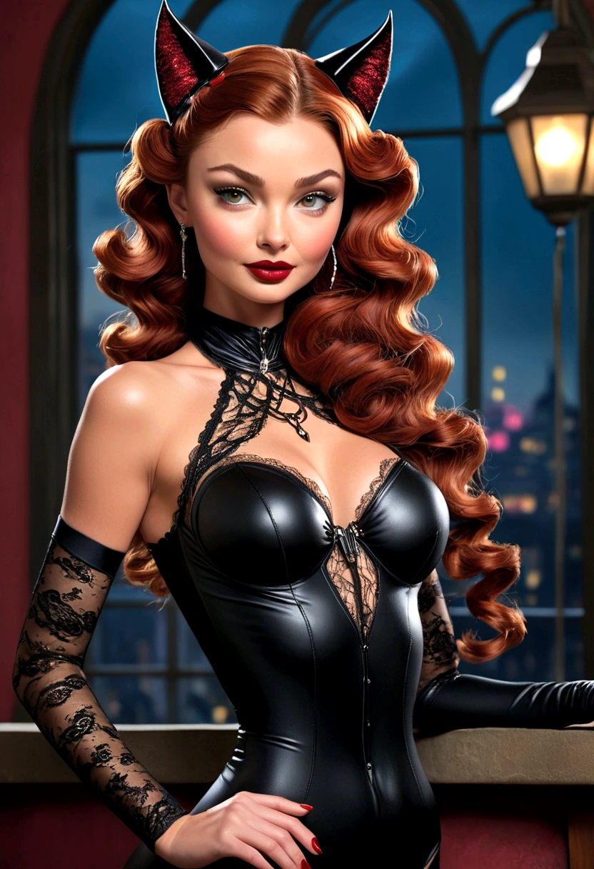 Full body shot Miranda Kerr catwoman, ringlets wavy five feet long red hair, updo hairstyle with ponytail on one side and long hairpins holding the bun long braid, strong thighs, dark red glossy lips, heavy black eye shadow long black eyeliner, long sharp claws, black lace beautiful and creative catwoman bodysuit with no jewels, huge cleavage, clear ears no earrings, no earrings, no earrings, no earrings, no jewels, beautiful forehead lace ornament, posing in a feminine catwoman den, happy expression, dark ambience night time candle lights. No faces on her chest!