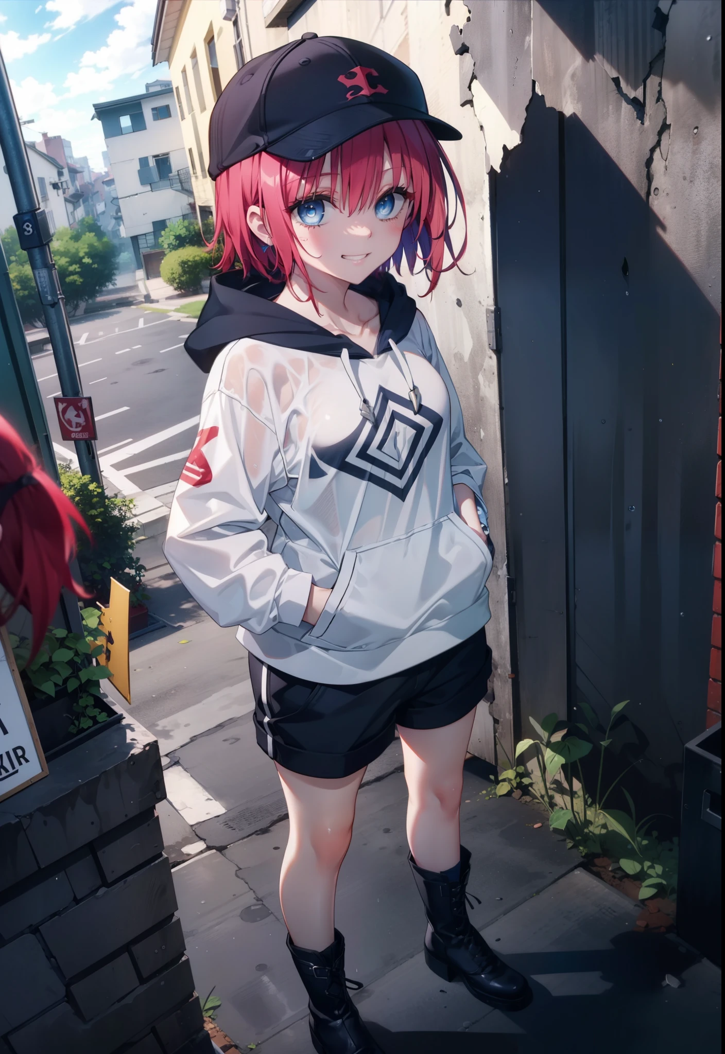 (masterpiece, Highest quality:1.2),shape,8K,High resolution,mea kurosaki,Mea Kurosaki,Redhead,Long Hair,Purple eyes,1 Girl,Baseball hats,Oversized black hoodie,Black shorts,short boots,Grin,smile,Both hands are in the pockets of the hoodie,graffiti,Hiding in a roofed building,Standing leaning against a wall,rain,night,cloudy,whole bodyがイラストに入るように,
break looking at viewer,whole body,
break outdoors, Alley,
break (masterpiece:1.2), Highest quality, High resolution, ユニティ 8K 壁紙, (shape:0.8), (Beautiful and beautiful eyes:1.6), Highly detailed face, Perfect lighting, Highly detailed CG, (Perfect hands, Perfect Anatomy),