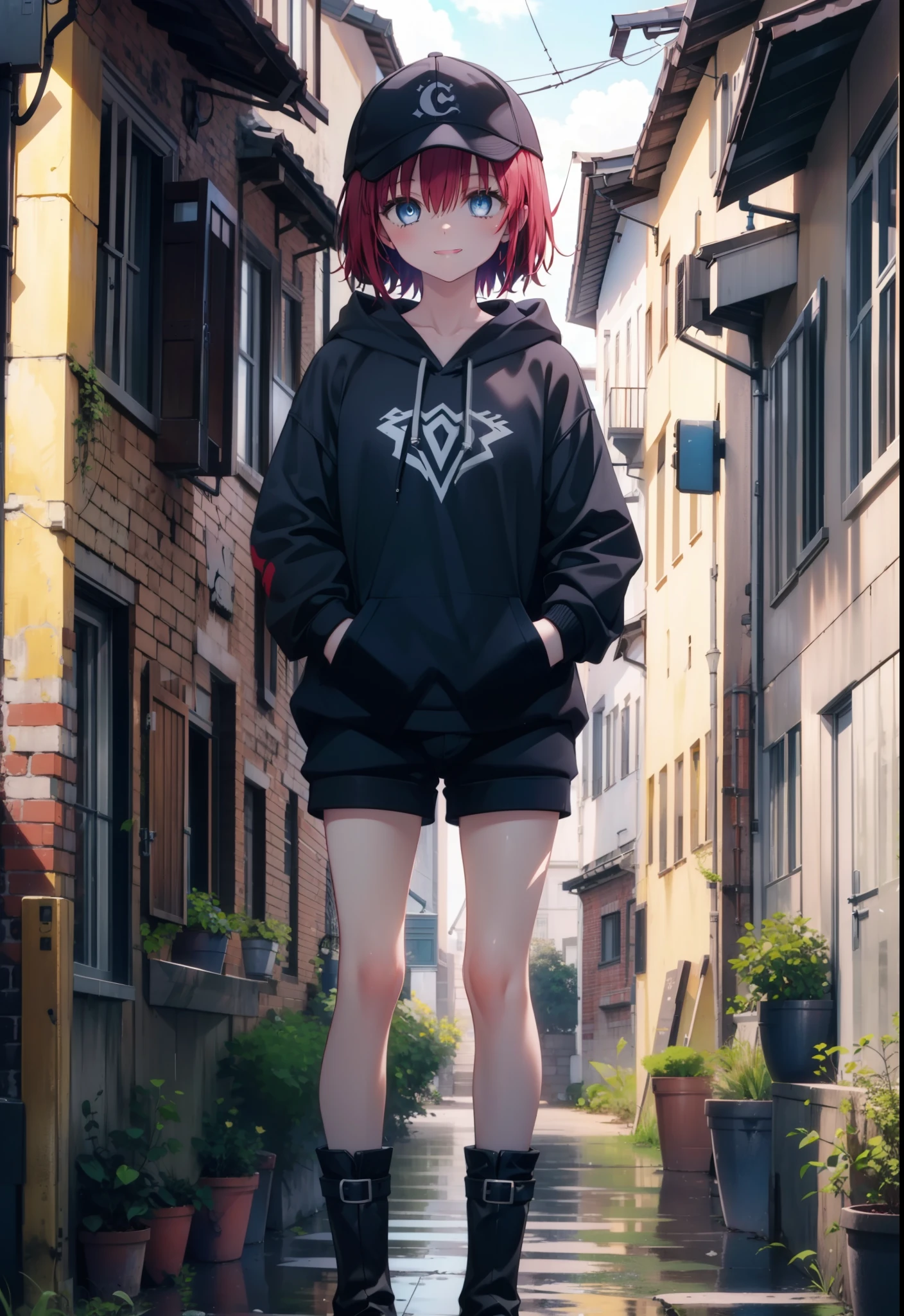 (masterpiece, Highest quality:1.2),shape,8K,High resolution,mea kurosaki,Mea Kurosaki,Redhead,Long Hair,Purple eyes,1 Girl,Baseball hats,Oversized black hoodie,Black shorts,short boots,Grin,smile,Both hands are in the pockets of the hoodie,graffiti,Hiding in a roofed building,Standing leaning against a wall,rain,night,cloudy,whole bodyがイラストに入るように,
break looking at viewer,whole body,
break outdoors, Alley,
break (masterpiece:1.2), Highest quality, High resolution, ユニティ 8K 壁紙, (shape:0.8), (Beautiful and beautiful eyes:1.6), Highly detailed face, Perfect lighting, Highly detailed CG, (Perfect hands, Perfect Anatomy),