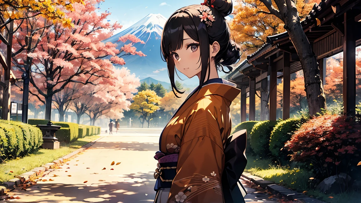 Official Art, Beautiful woman, Kyoto, draw a kimono, Black Hair, Topknot, Flower kanzashi, Cowboy Shot, Outdoor, autumn, autumn leaves, Flower Field, path, Mt. Fuji can be seen in the distance,