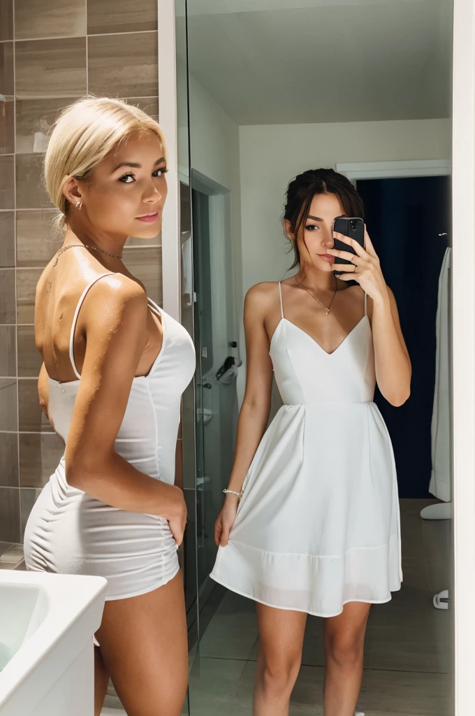 A woman taking a selfie in her bathroom mirror in her white dress,behind the girl there is someone bathing but we don&#39;t know who it is,