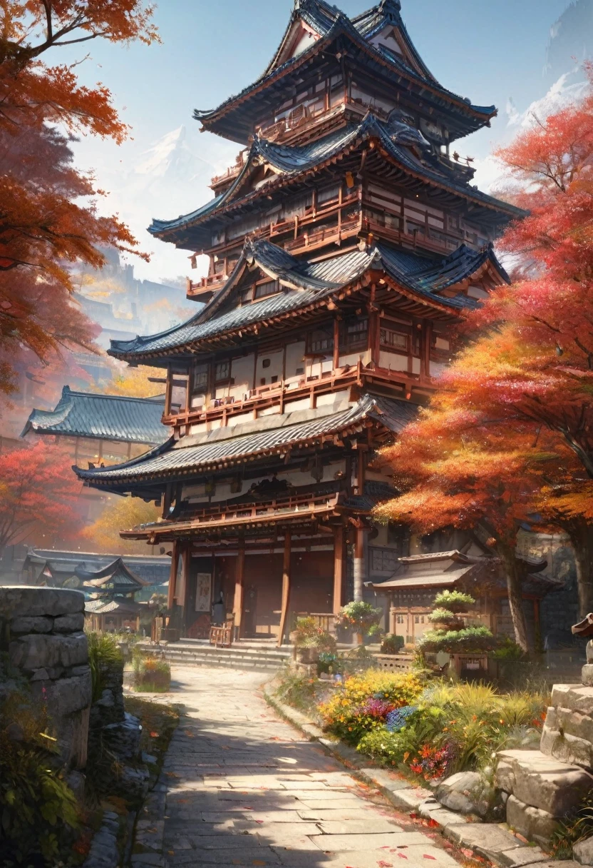 Japanese Castle,castle town,nature,Summer sky,Blur the background,Highest quality, 8K, High resolution, masterpiece:1.2, Very detailed, Realistic:1.37, High resolution, 超High resolution, Ultra-fine painting, Very detailed, Professional, Vibrant colors