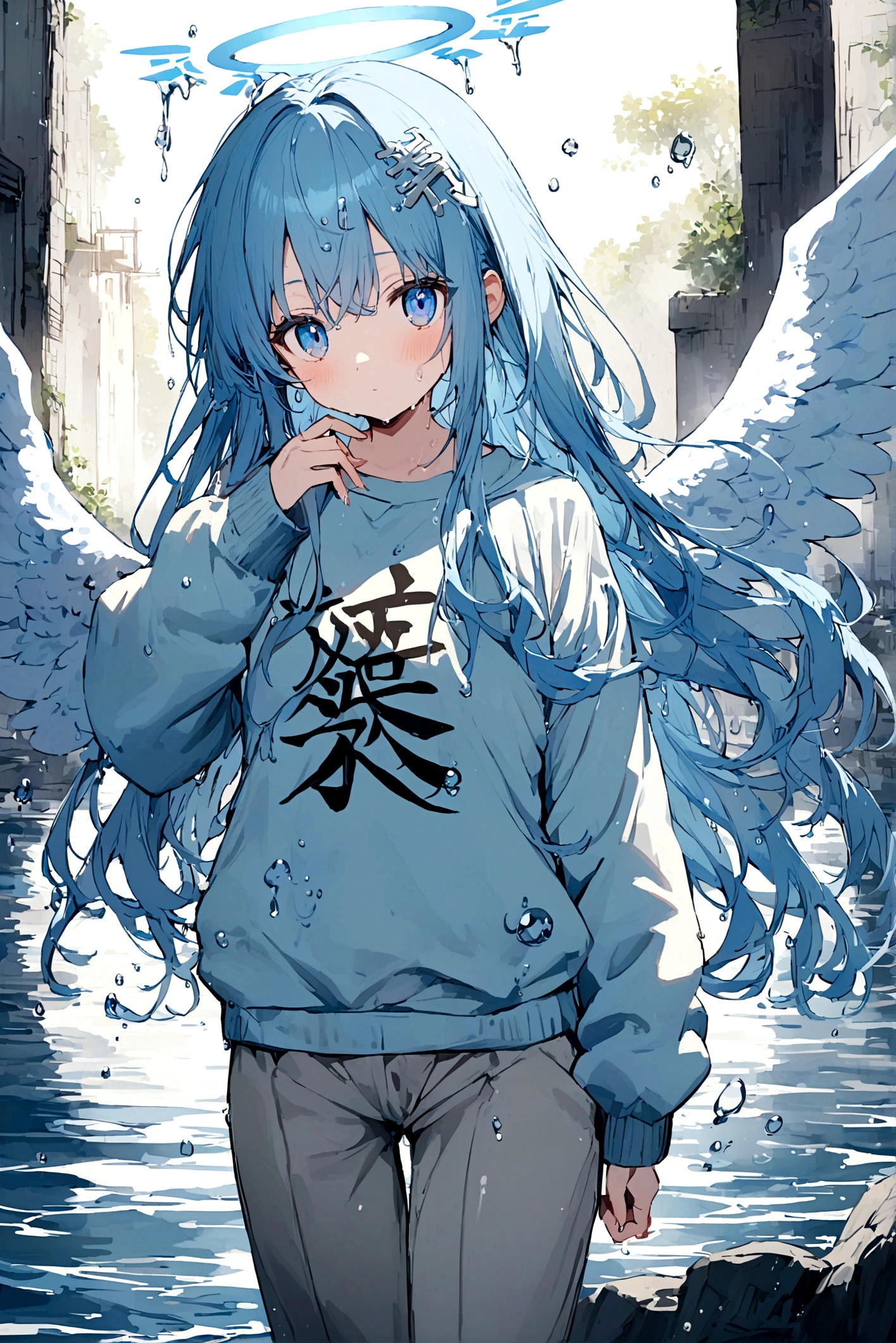 anime girl has blue long hair, drop of water drawn on the pupil, light blue eyes, a sweatshirt with the kanji 水, grey pants, with wings made of water, a blue halo on the head made of water