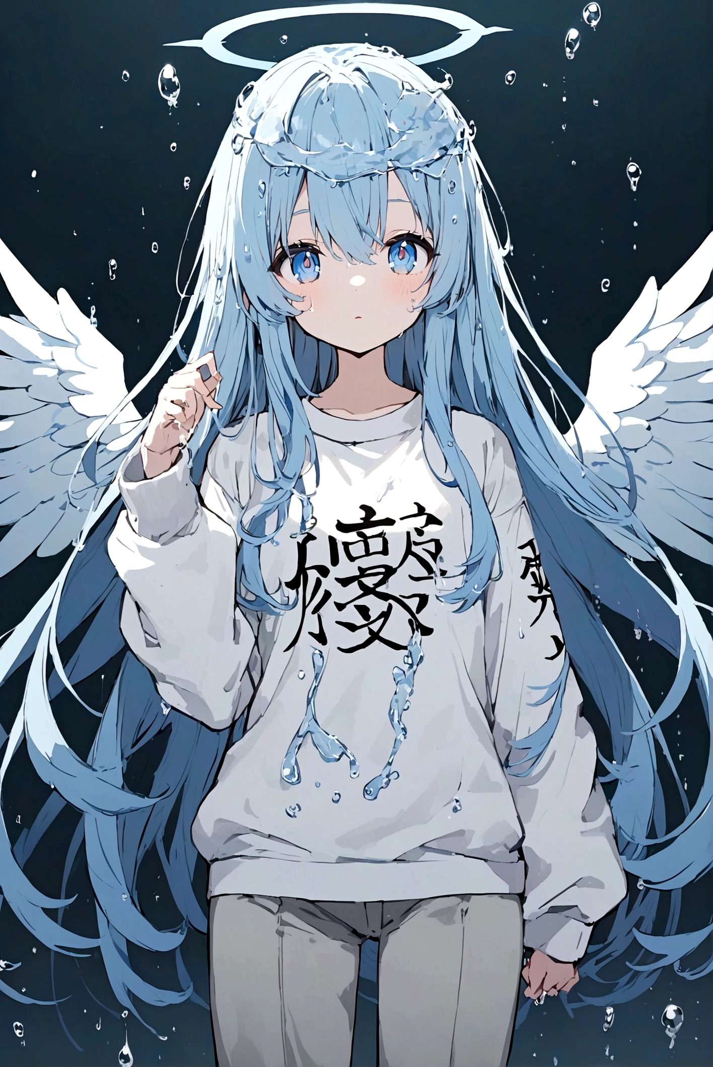 anime girl has blue long hair, drop of water drawn on the pupil, light blue eyes, a sweatshirt with the kanji 水, grey pants, with wings made of water, a blue halo on the head made of water 