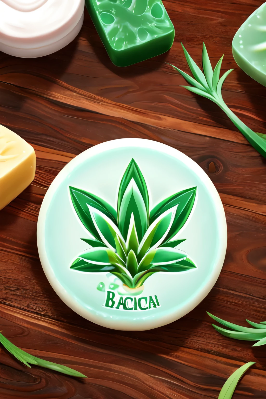 ((Best Quality)),create a logo that is entertaining to look at , let it be a soap made from aloe vera, let it be BACAN