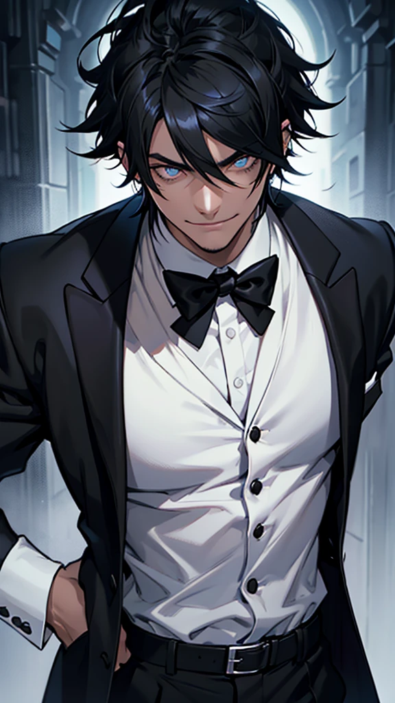 High detailed, 1 young Guy, huge emo hairstyle, Black hair, detailed eyes, Black tuxedo, cruel expression, cruel smile, dark atmosphere, dark aura, pit Black tuxedo