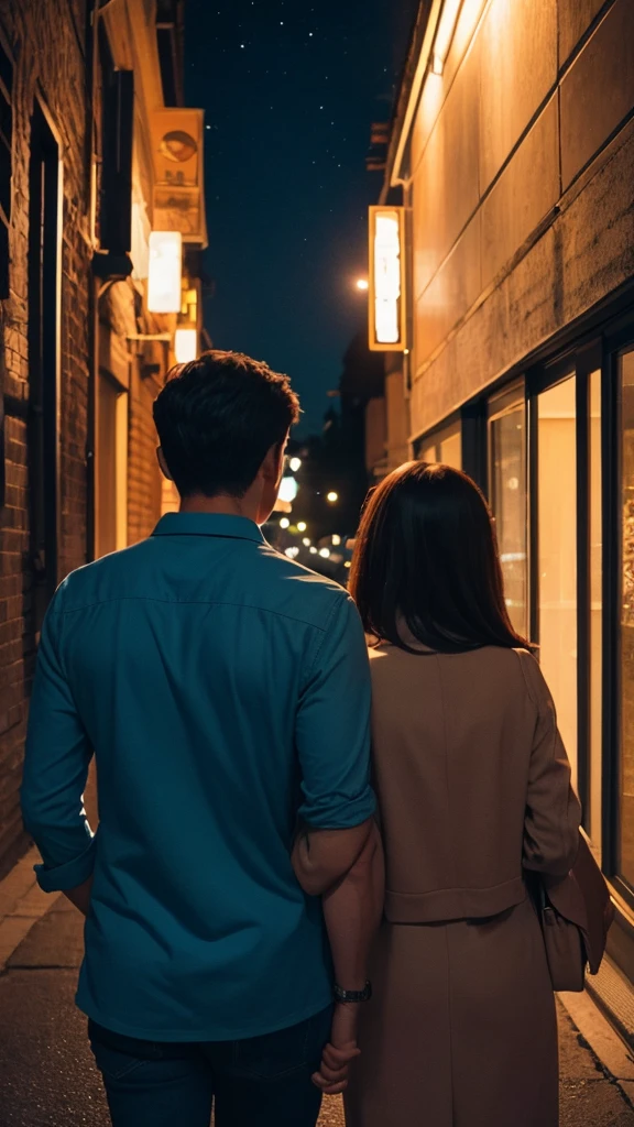Back view of a man and woman looking at the night view　An illustration　