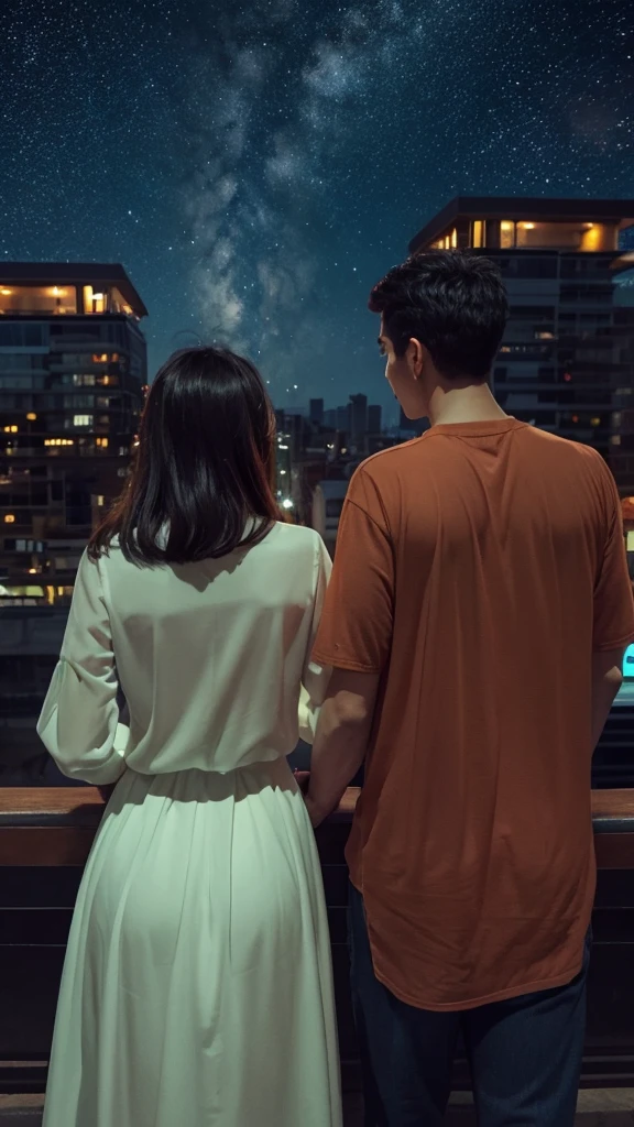 Back view of a man and woman looking at the night view　An illustration　