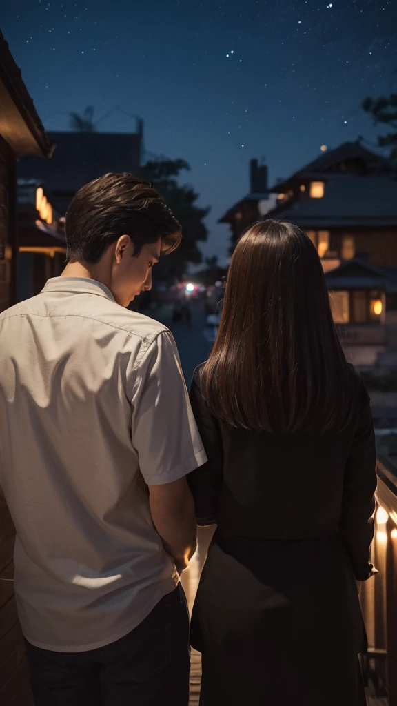 Back view of a man and woman looking at the night view　An illustration　