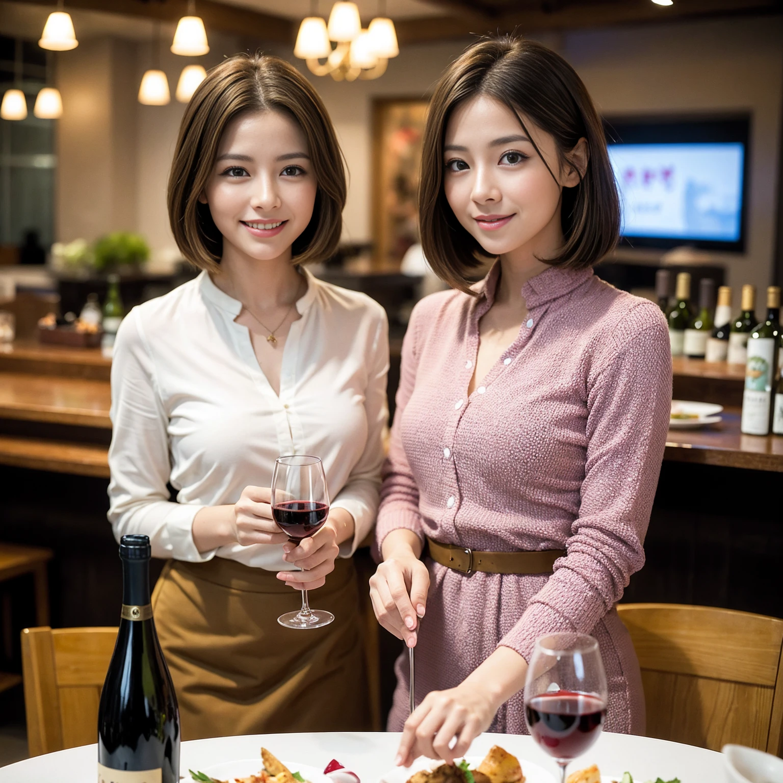 ((Highest quality、8K、masterpiece:1.3))、Satomi Ishihara、slimカップル、Pink rubber、modelカップル、(Realistic, Intricate details:1.2), full-course dinner、Wine Party、Amazing view of the sunset sky and clouds、A bright smile、The wonderfulness of smile、Bright image、The beauty of wine, Beautiful Face, blue eyes, The light shines on your face, Blushing, short hair,Bright Face、 (Age 37), 39 years old, red wine 、Appetizers、Italian food、Wine bottle、Champagne、sparkling wine、Two beauties、Brown Hair、Shortcuts、Long sleeve shirt、dress、Beautiful woman 1, (slimな顔), (The body is slim), (Brown Hair), (Shortcuts), cheeks turn a little red,Attractive beauty、restaurant, In a prominent place (From the waist up) Nova Frog Style, actress, model, Upper Body, White wine, slim, wine glass, 中央に置かれたwine glass, smile, (smile: 1.15), Beautiful fine grain, Depth f/2,saturation, High Contrast, Strong light and shadow,Moist Body:1.5、3D texture、Delicate eyes、Brown Hair、The hair is very shiny、