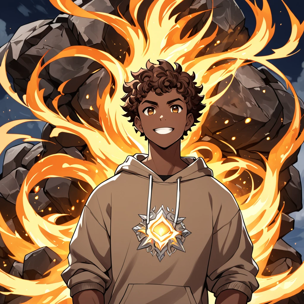 Dark-skinned male teenager really dark but not so dark that it would be considered burnt, brawny, short brown curly hair, eyes browns, stone elemental power, sweatshirt, happy