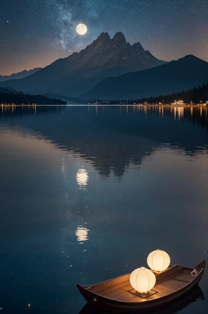 A serene lake surrounded by dark, towering mountains, whose waters are so clear that they perfectly reflect the starry sky and the full moon. Crystal stones in various colors emerge from the waters, shining softly in the moonlight. Small wooden boats float peacefully, each decorated with paper lanterns that emit a soft, comforting light. Luminescent fish swim slowly, leaving trails of light behind
